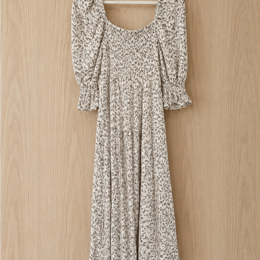 Cream Floral Smocked Square-Neck Maxi Dress
